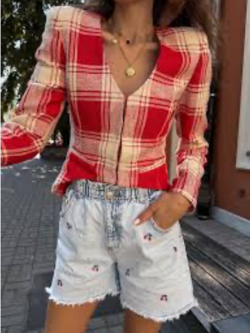 New ZARA ZW Collection Fitted Plaid V-Neck Jacket - Picture 3 of 7